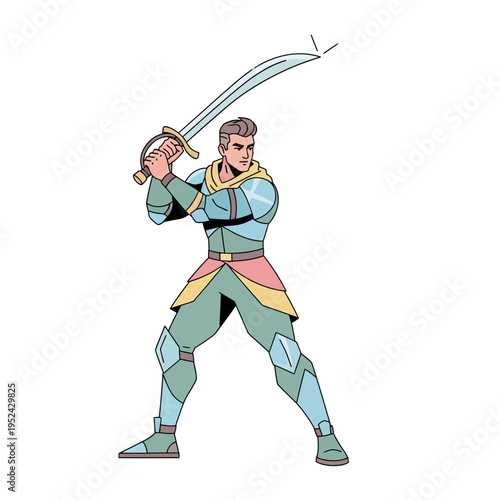 Fantasy Warrior with Sword, Medieval Armor, Heroic Stance, Illustration