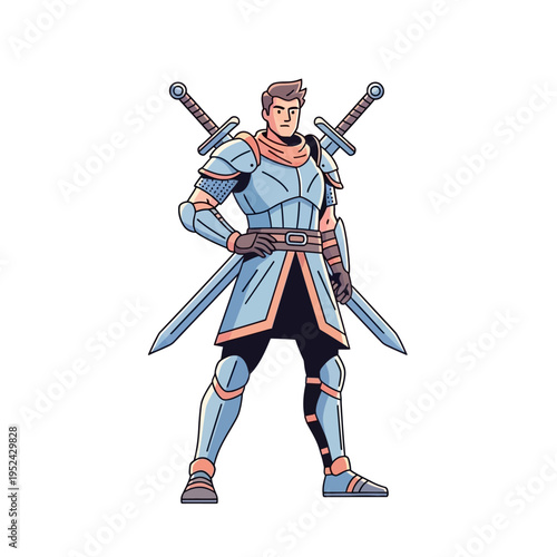Heroic Knight in Shining Armor with Crossed Swords, Fantasy Warrior Character