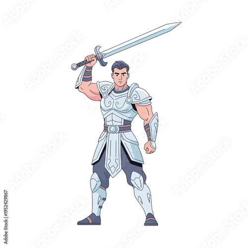 Heroic Knight Warrior with Sword Raised, Fantasy Armor, Strong Male Character