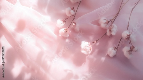 Cotton background with soft natural bolls and delicate texture. Clean organic composition for textile design, branding, packaging and creative projects.