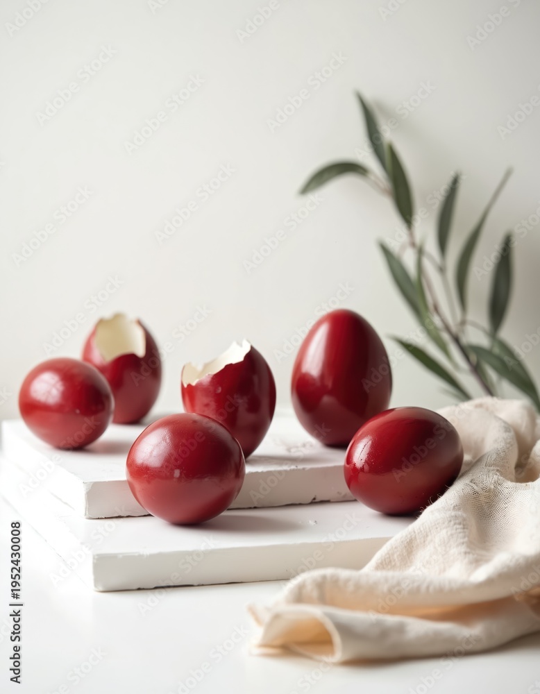 Fototapeta premium Glossy red Easter eggs rest on white geometric shapes. Some eggs are cracked revealing inner shells. Green leaves provide subtle natural accent to this festive food composition.