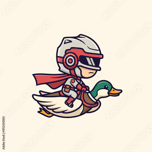 A hero-type character in a futuristic helmet and red cape rides a duck with wings outstretched against a plain background
