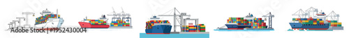 A minimal flat vector illustration of a large container ship docked at a harbor with stacked containers, using simple shapes, a modern logistics concept, clean vector styling, and a white background.