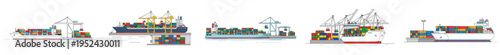 Minimal flat vector illustration of a large container ship docked at a harbor with stacked containers, simple shapes, modern logistics concept, clean vector style, white background