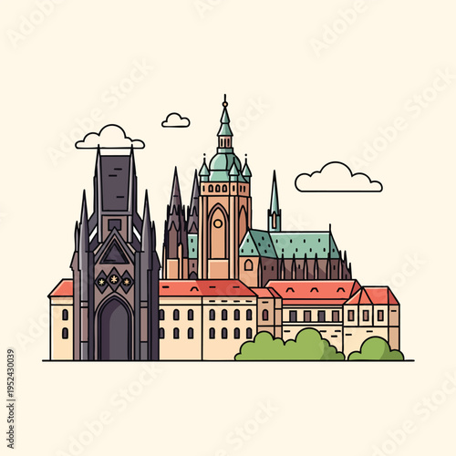 An illustration of a grand architectural complex, featuring several connected buildings with unique styles. Clouds and green shrubbery