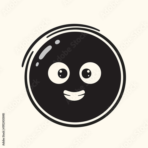 A simple, cartoon-like design features a smiling black circle with eyes and mouth on a soft cream background. It appears cheerful