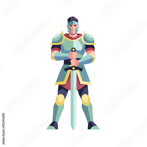 Medieval Knight Warrior Holding Sword, Heroic Figure, Fantasy Armor, Vector Illustration