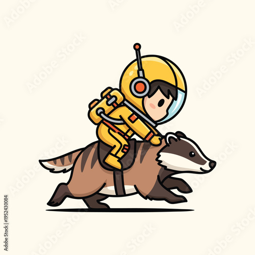 A cartoon illustration shows an astronaut riding a badger. The astronaut is wearing a yellow space suit and helmet. The badger has brown stripes