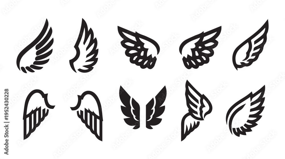 Fototapeta premium Collection of Diverse Wing Icons Black and White Vector Graphics