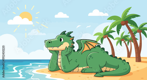 A cartoon green dragon relaxes on a beach under a sunny sky with fluffy clouds, palm trees, and ocean waves