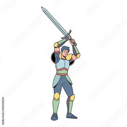 Muscular Knight Holding Sword Up High, Fantasy Warrior Character Illustration