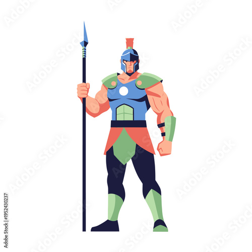 Mighty warrior with spear and helmet, standing strong, ancient soldier, illustration