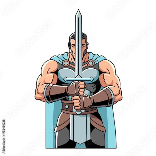 Mighty warrior holding sword, fantasy hero, strong man with cape and armor