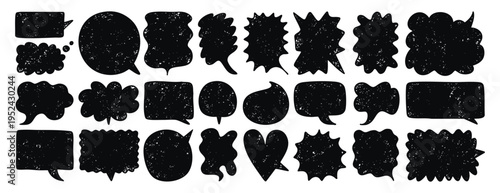 Textured empty speech bubbles template colored set, creative, various shapes, rectangular, round and bubbly. Grunge texture bubbles for text for social media, web design, and posters.