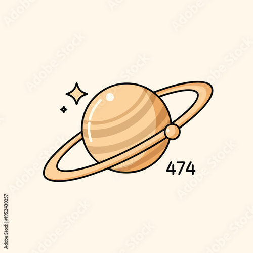 A cartoon depiction of a ringed planet, likely a gas giant, against a beige background, with a sparkling star. Includes the number 474