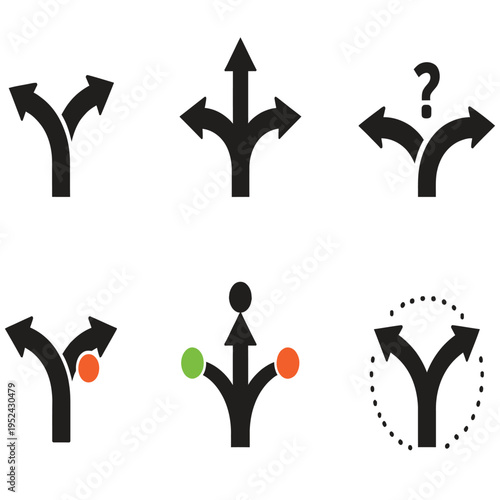 Arrows showing different directions and choices, branching pathways and decision making