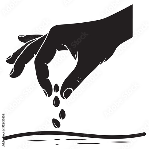 Black silhouette of a human hand carefully sowing seeds into the fertile soil, representing agriculture, sustainable gardening, and the symbolic beginning of growth and investment.