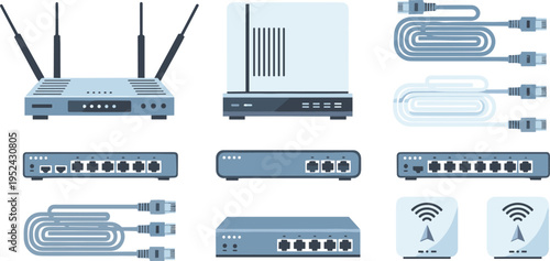Network Equipment and Connectivity Illustration Set Featuring Routers, Switches, Cables, and Wi-Fi Access Points for IT Infrastructure and Communication Designs