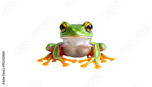 A tree frog with bright red eyes, orange feet, and vibrant green skin sits alone against a white background.