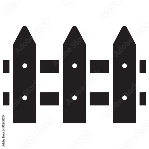 Minimalist black picket fence silhouette icon representing property boundaries and garden enclosure, isolated on a white background for versatile graphic design use in web and print.