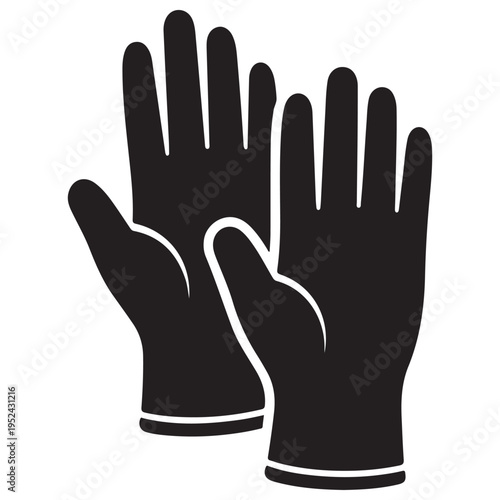 Pair of black protective gloves icon isolated on white background representing safety equipment for medical, industrial, or cleaning tasks in a clean minimalist graphic vector style.
