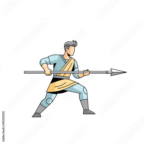 Ancient Warrior Holding Spear in Defensive Stance, Stylized Illustration