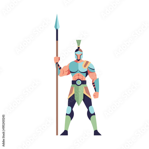 Ancient Warrior Holding Spear, Roman Soldier Character, Mythological Hero, Flat Design