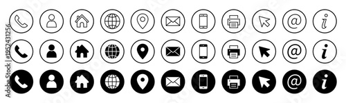 Visiting card contact icon set. Phone, call, location, globe, email, user, home icons for web website communication in solid and line style.