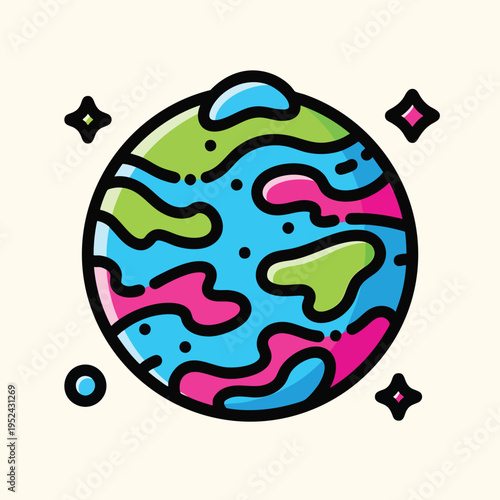 A colorful, cartoon-style planet illustration with a blue background, pink and green landmasses. Black outlines and decorative shapes surround the celestial body