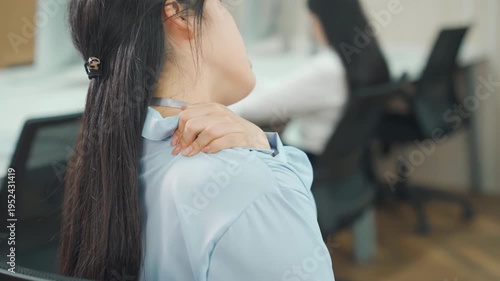 Wallpaper Mural Tired businesswoman massages stiff neck, suffering from neck pain, shoulder pain from burnout, fibromyalgia muscle inflammation. Overworked female employee feels discomfort, massages rubs sore muscles Torontodigital.ca