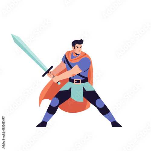 Brave Warrior with Sword and Cape, Fantasy Hero Character, Action Pose