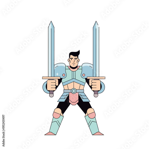 Brave Warrior with Two Swords, Medieval Knight in Armor, Fantasy Hero