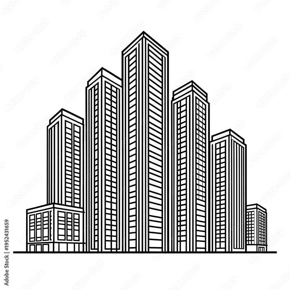 Fototapeta premium Modern City Buildings Line Art Illustration - Urban Skyscrapers Skyline Vector Graphic