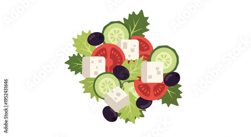 A colorful, illustrative rendering of a fresh salad with tomatoes, cucumbers, olives, feta, and lettuce against a white backdrop