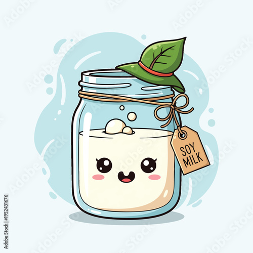 A cartoon soy milk jar with a cute face, green leaf, and a tag. Background consists of blue splashes on a light blue field