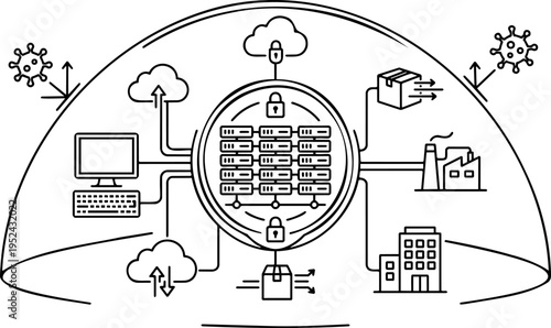 Line art vector of cybersecurity dome shielding network server and business from virus threats