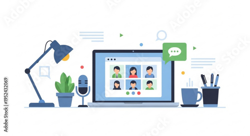 Remote team meeting on laptop with video call and office supplies on desk in modern workspace