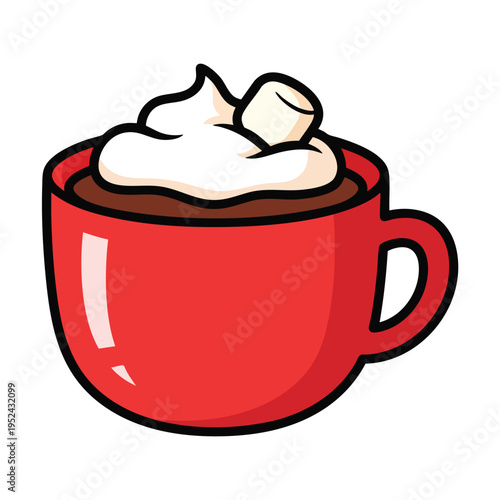 A cartoon-style illustration of a red mug filled with dark liquid, topped with fluffy white whipped cream and a marshmallow