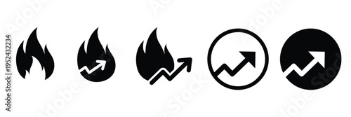 Set of Trending Growth and Fire Icon. Hot Trend, Increase, and Analytics Symbols.