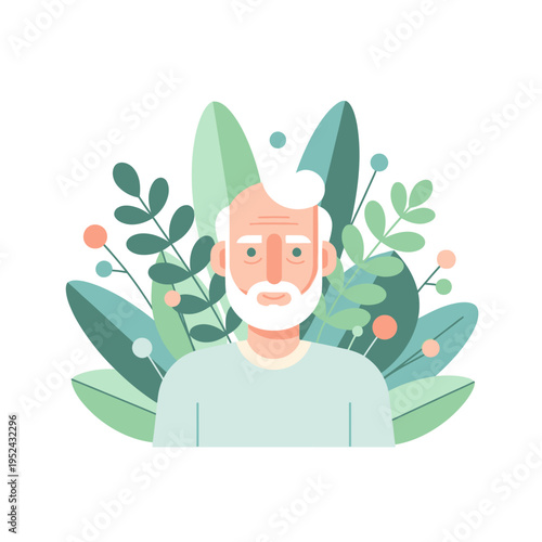 Elderly Man Portrait with Green Leaves and Berries