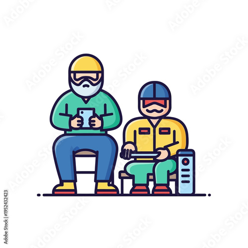 Diverse people waiting, one using smartphone, another holding tablet, cartoon style.