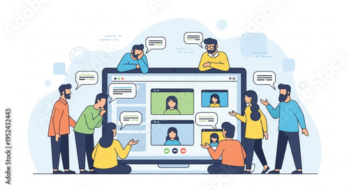 People interacting with a large computer for online communication and teamwork