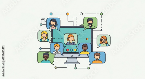 Remote team members connect on video call with diverse faces on screen