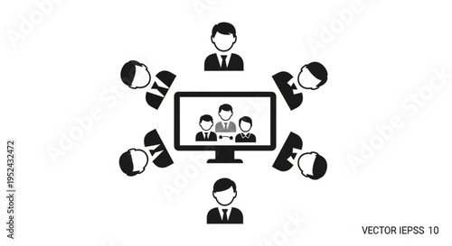 Remote team meeting on computer screen with multiple participants around online collaboration concept