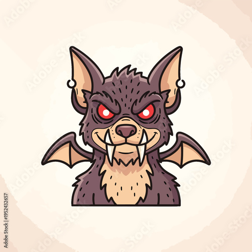 A cartoon creature with bat-like wings, fangs, and red eyes. Its fur is textured, with ear rings. A simple illustration on a textured background