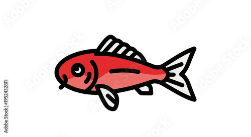 Cute Red Fish Illustration, Simple Line Art, Isolated on White Background