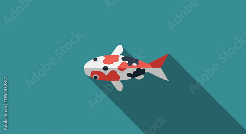 Flat Design Koi Fish Illustration with Long Shadow on Teal Background