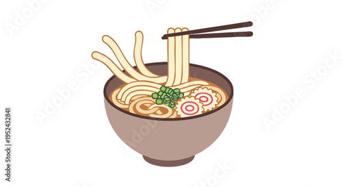 An illustrated bowl of a noodle dish is presented, featuring chopsticks holding noodles. The dish contains noodles, sliced green onions, and fish cakes