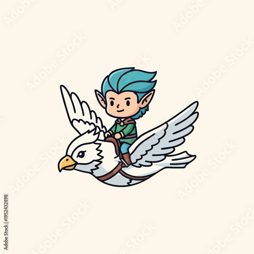 A cartoon elf with teal hair rides a white griffin with a yellow beak. The elf is wearing a green tunic and blue pants. The background is a cream color