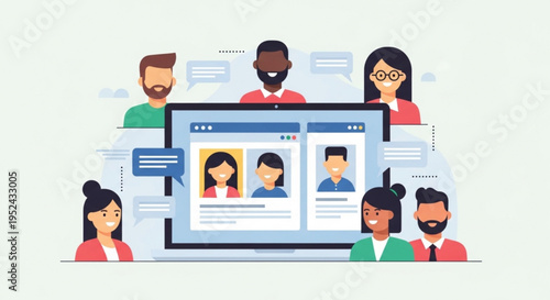 Diverse people interacting with a large computer screen displaying profiles on a social media platform with chat bubbles